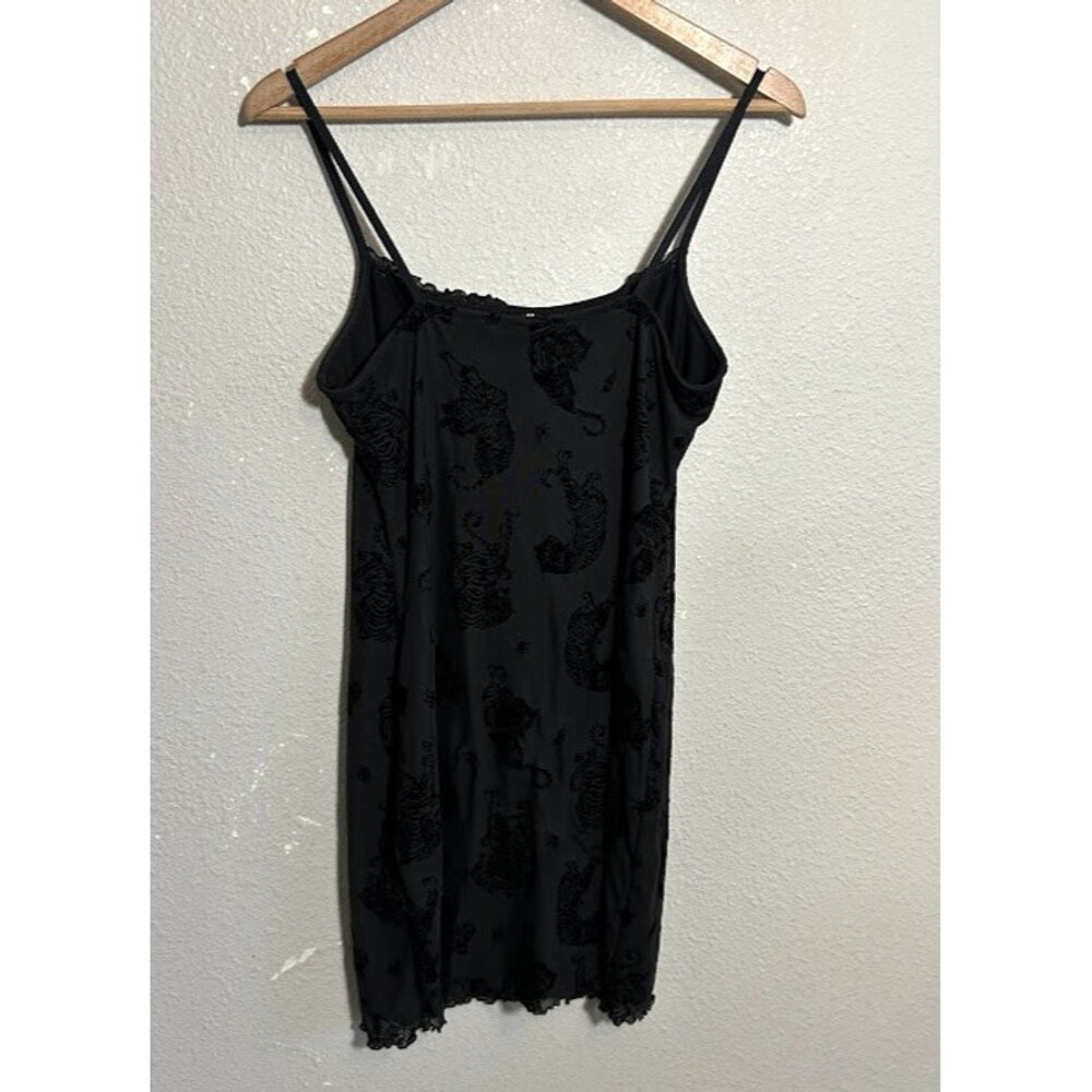 H&M Divided Mesh Mini Dress M Black Velvet Tiger Spaghetti Strap Whimsigoth alt - Picture 3 of 7
